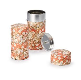 Japanese Tea Caddy - Orange with Cream Cherry Blossom