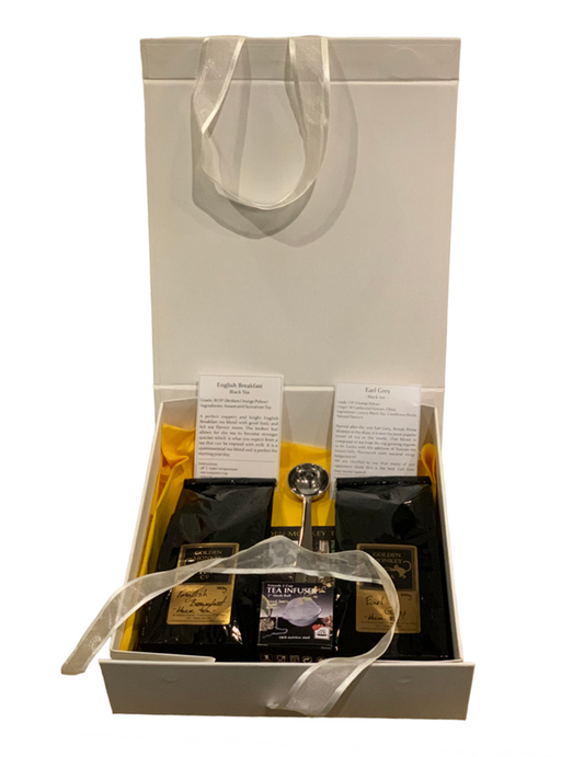 Medium Black / White Gift Box with Tea, Mesh Ball and Measuring Spoon/Metallic Tidy