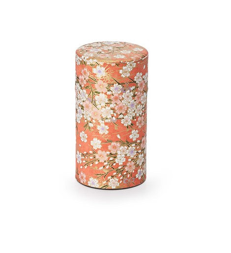 Japanese Tea Caddy - Orange with Cream Cherry Blossom