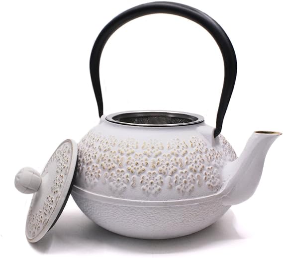 Cast Iron Teapot with Infuser White and Gold