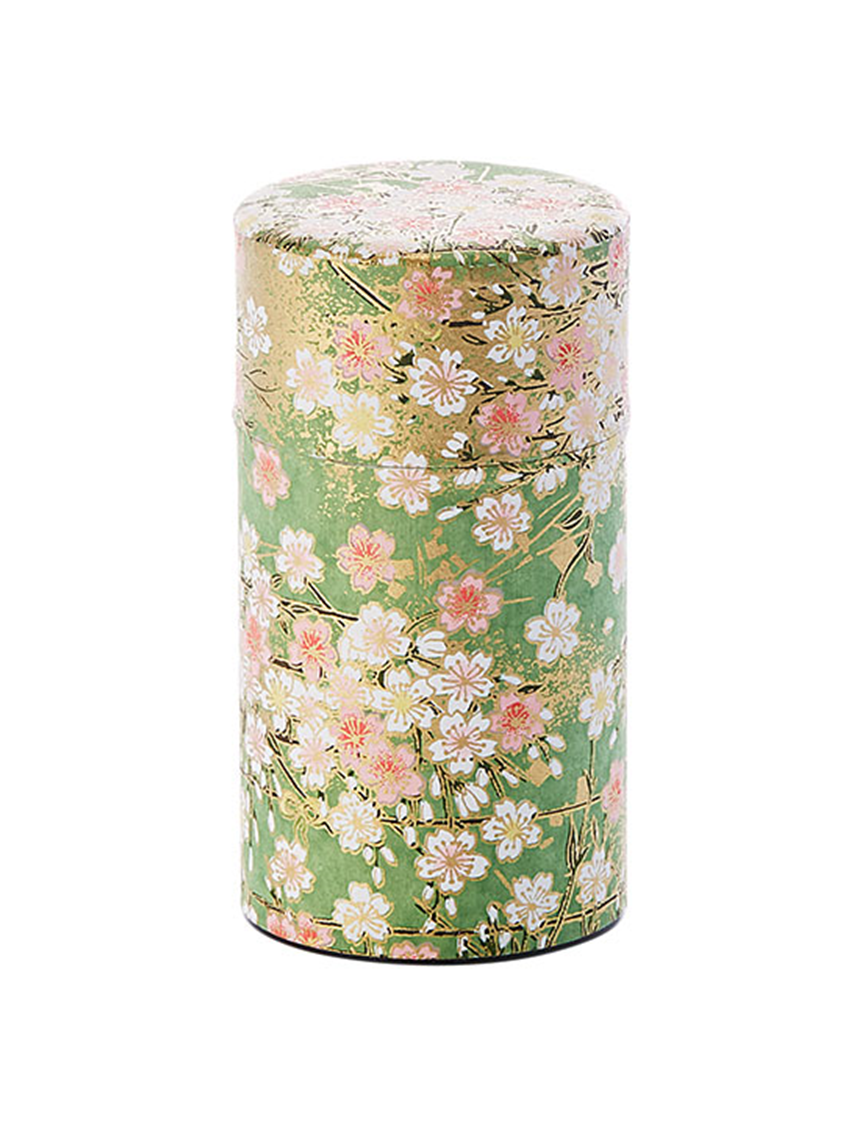 Japanese Tea Caddy - Green with Pink Cherry Blossom