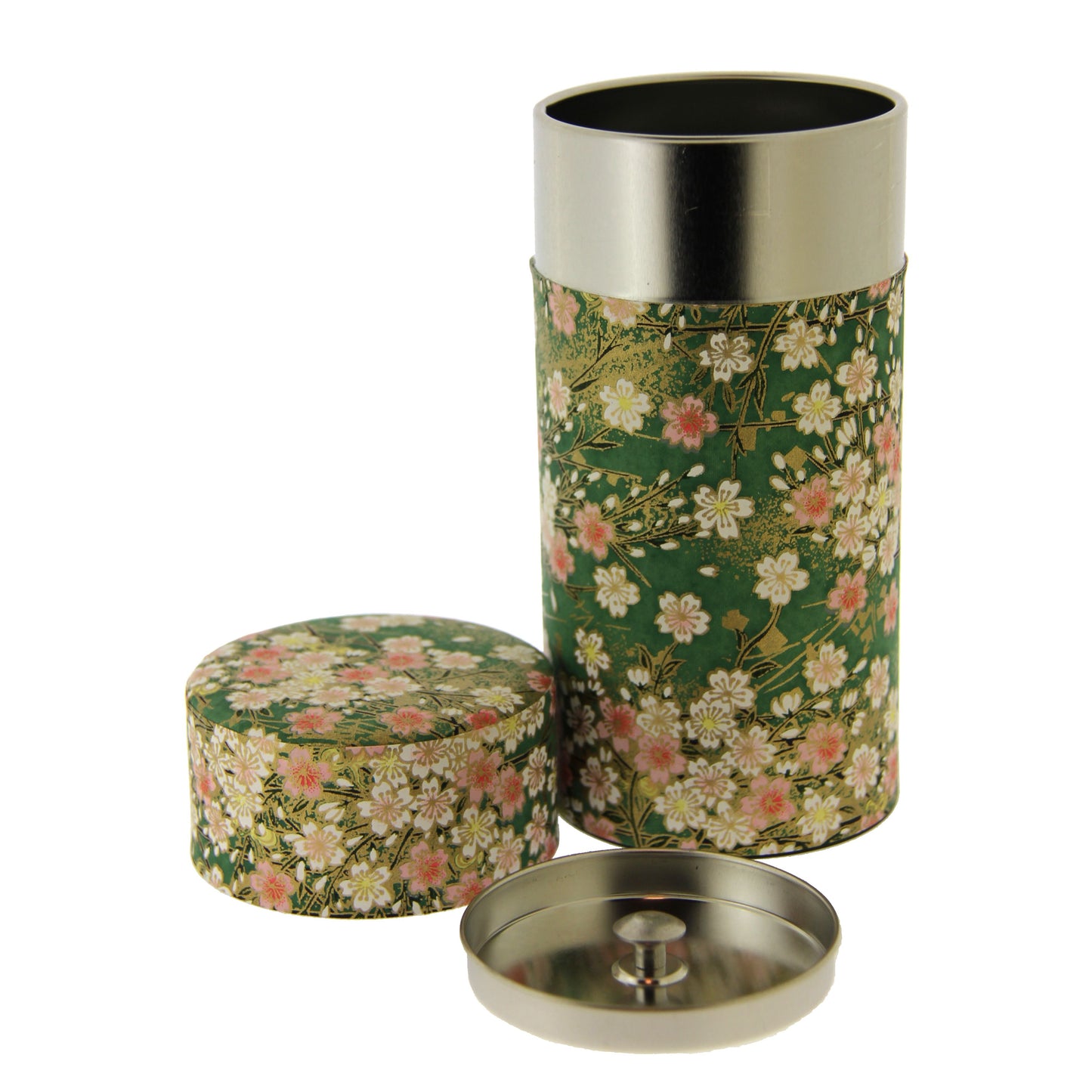 Japanese metal tea tin caddy with beautiful soft green washi tape around it which has pink and white cherry blossoms all over it