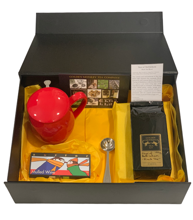 Large Black Gift Box with Mug, Tea, Chocolate and Measuring Spoon